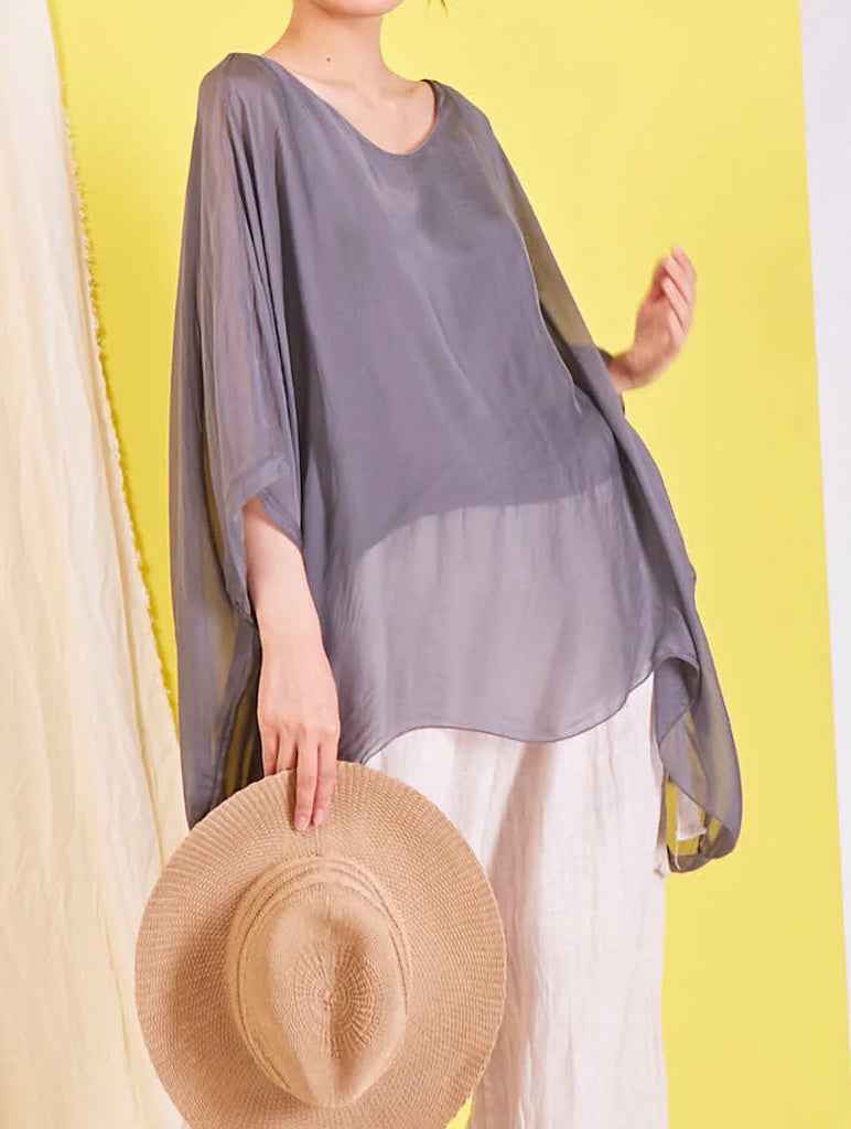 BZNA Seidenbluse Dunkelgrau Tunika Seidentunika Seidenchiffonbluse Fledermaus Ärmel oneSize