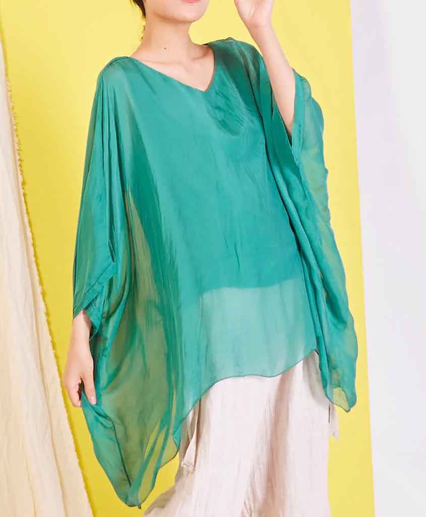 BZNA Seidenbluse Esmerald Grün Tunika Seidentunika Seidenchiffonbluse Fledermaus Ärmel oneSize