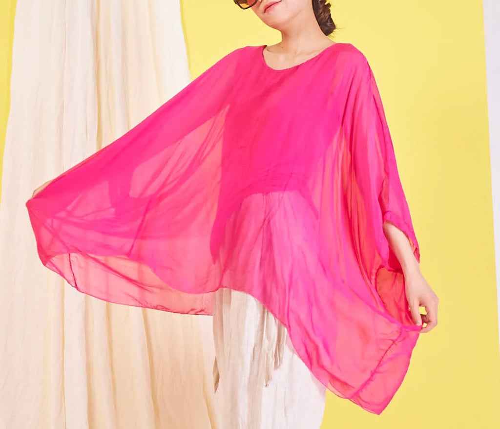 BZNA Seidenbluse Fuxia Tunika Seidentunika Seidenchiffonbluse Fledermaus Ärmel oneSize