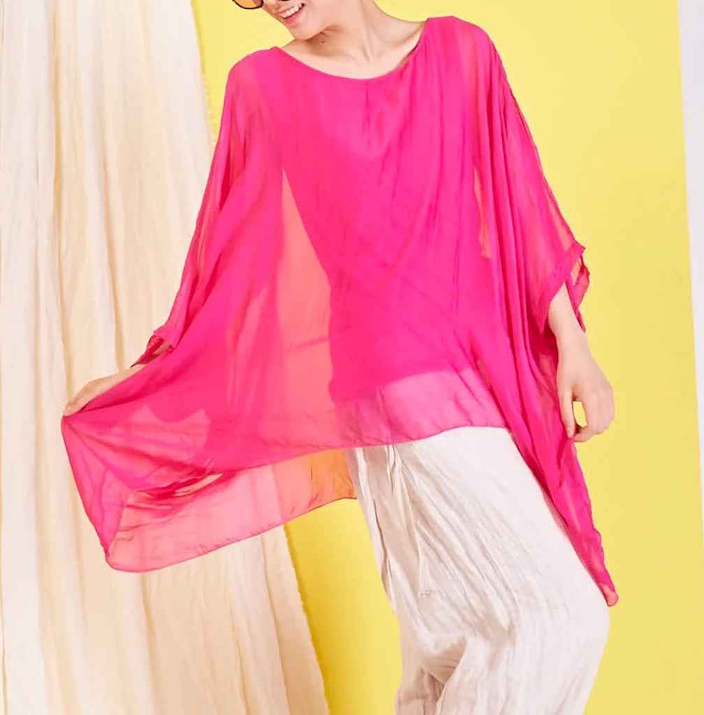 BZNA Seidenbluse Fuxia Tunika Seidentunika Seidenchiffonbluse Fledermaus Ärmel oneSize