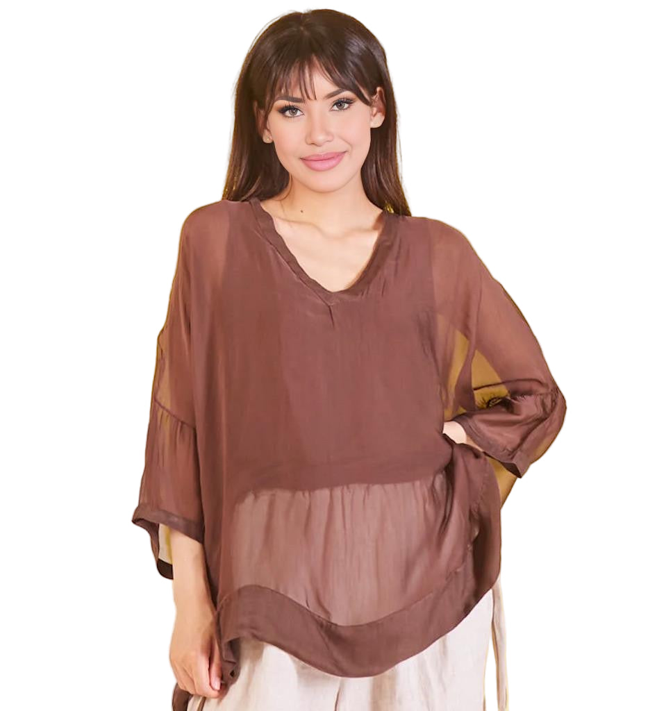 BZNA Seidenbluse Coffee Tunika Seidentunika mit V -Ausschnitt Seidenchiffonbluse Fledermaus Ärmel oneSize