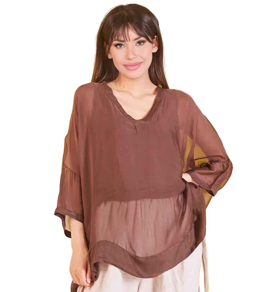 BZNA Seidenbluse Coffee Tunika Seidentunika mit V -Ausschnitt Seidenchiffonbluse Fledermaus Ärmel oneSize