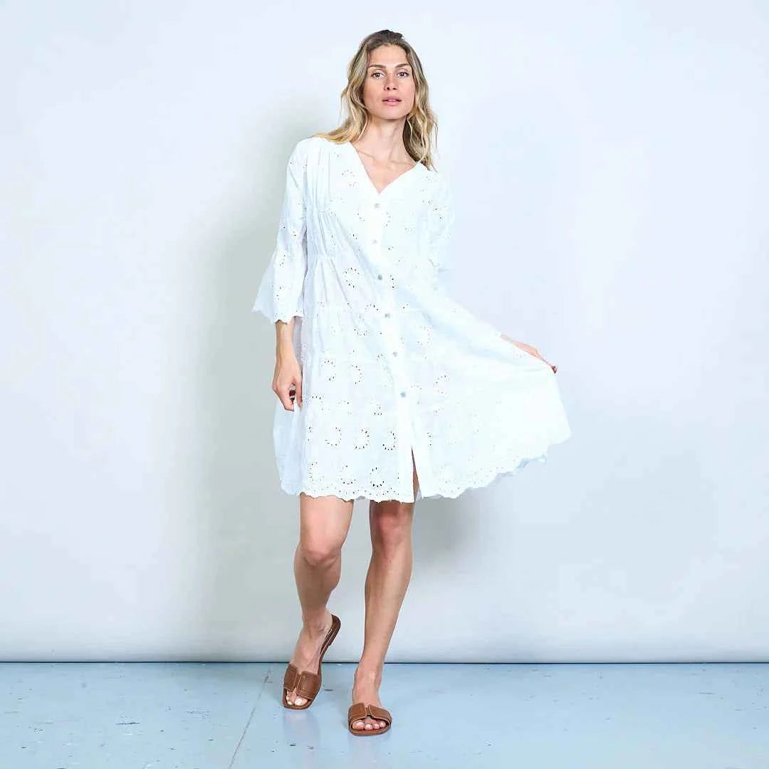 BZNA Broderie Anglaise Stufe mit V-Ausschnitt geknöpftes Hemdkleid oneSize