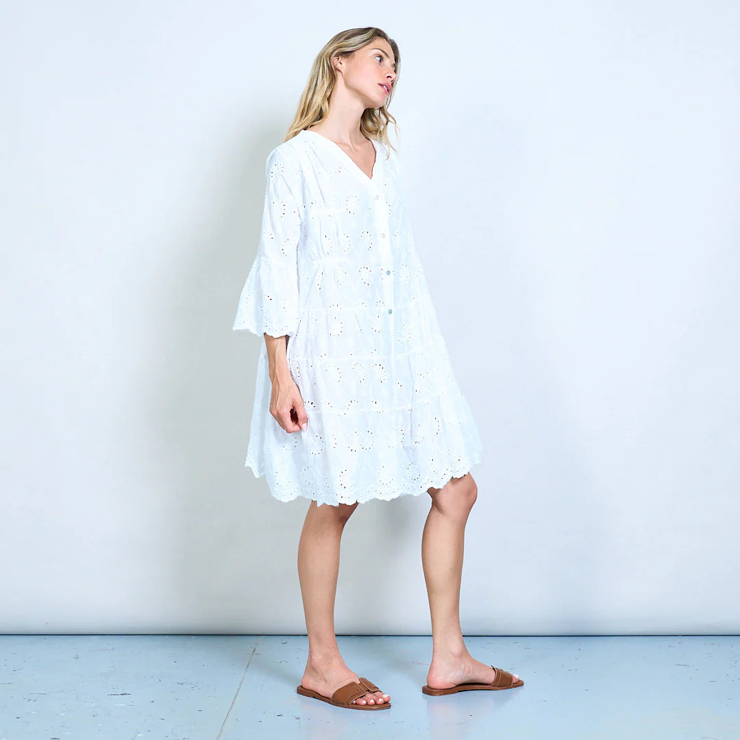 BZNA Broderie Anglaise Stufe mit V-Ausschnitt geknöpftes Hemdkleid oneSize - B Z N A