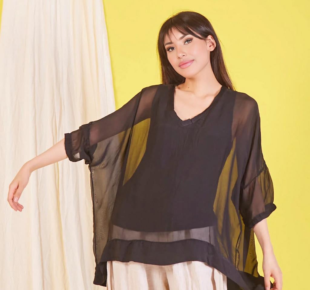BZNA Seidenbluse Schwarz Tunika Seidentunika mit V -Ausschnitt Seidenchiffonbluse Fledermaus Ärmel oneSize