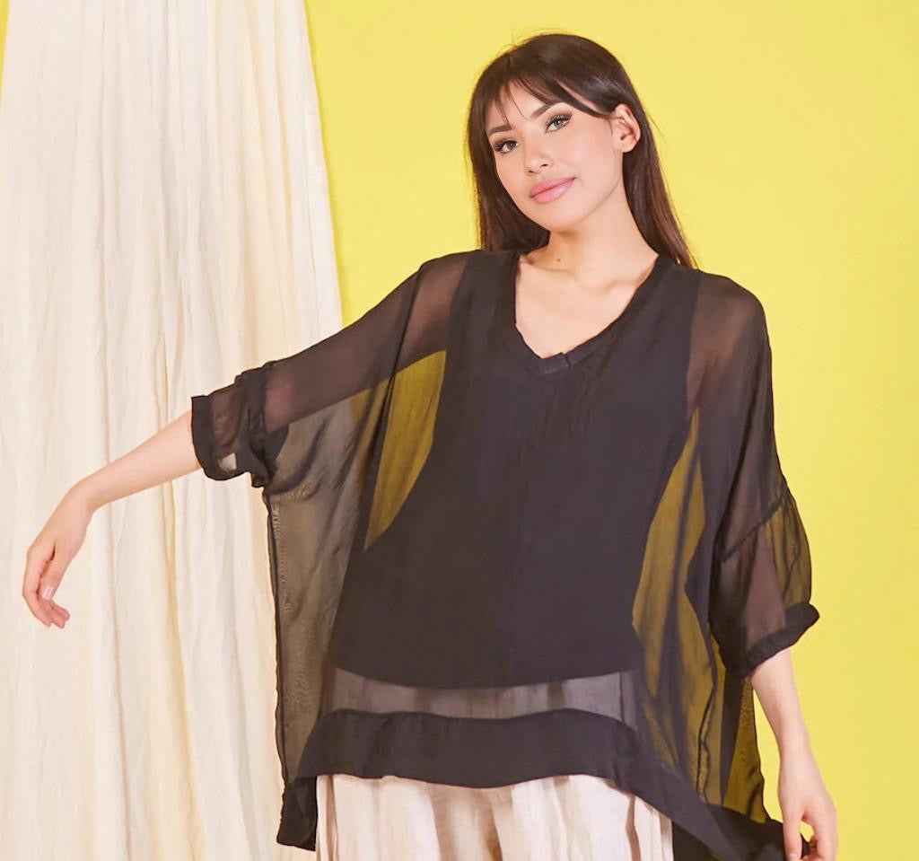 BZNA Seidenbluse Schwarz Tunika Seidentunika mit V -Ausschnitt Seidenchiffonbluse Fledermaus Ärmel oneSize