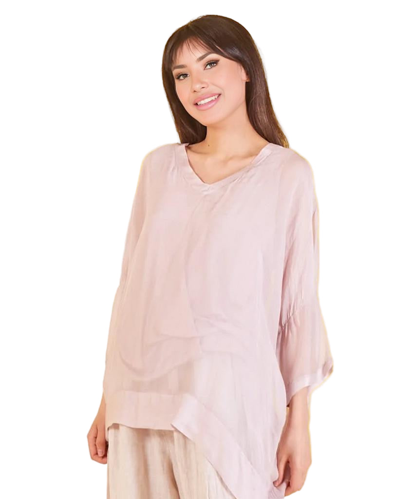 BZNA Seidenbluse Rose Tunika Seidentunika mit V -Ausschnitt Seidenchiffonbluse Fledermaus Ärmel oneSize