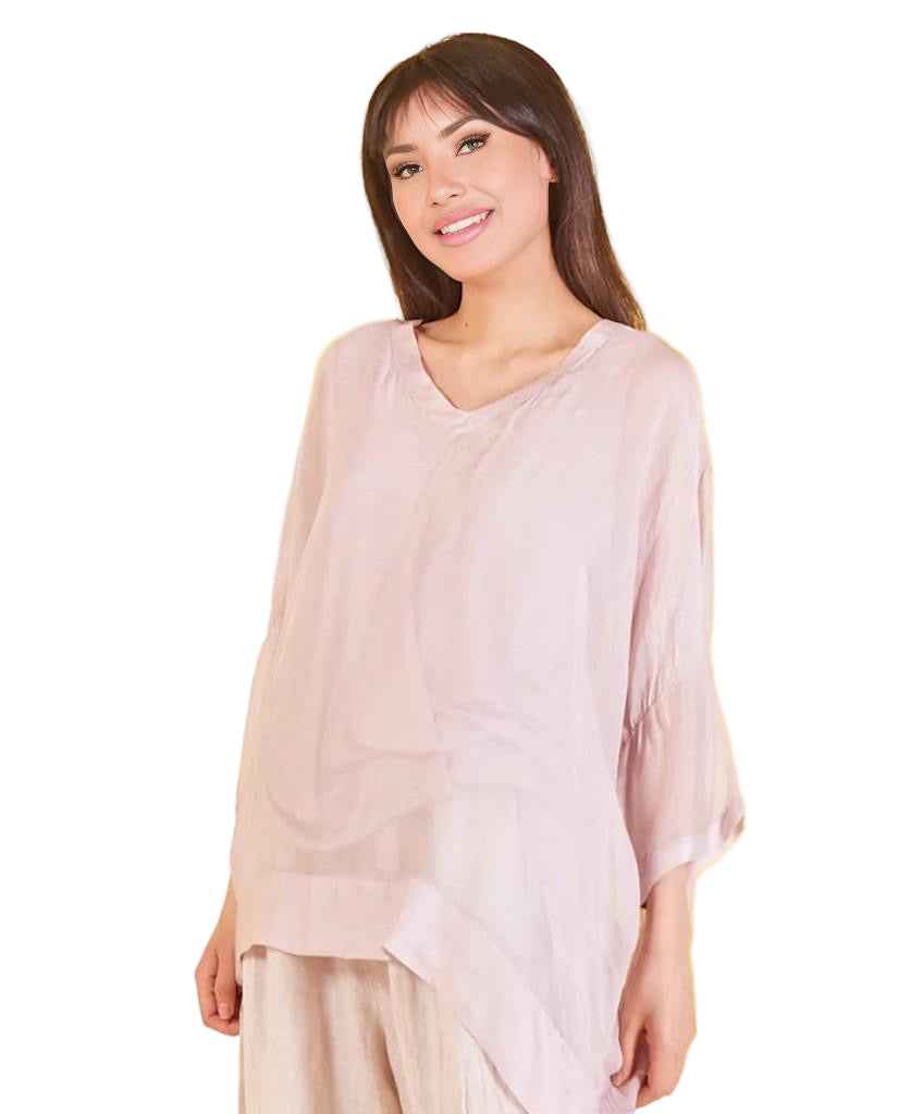 BZNA Seidenbluse Rose Tunika Seidentunika mit V -Ausschnitt Seidenchiffonbluse Fledermaus Ärmel oneSize