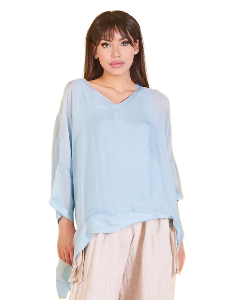 BZNA Seidenbluse Hellblau Tunika Seidentunika mit V -Ausschnitt Seidenchiffonbluse Fledermaus Ärmel oneSize - B Z N A