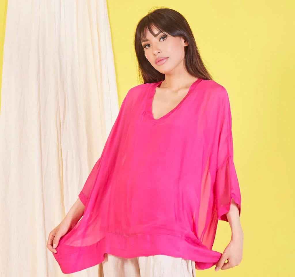 BZNA Seidenbluse Fuxia Tunika Seidentunika mit V -Ausschnitt Seidenchiffonbluse Fledermaus Ärmel oneSize