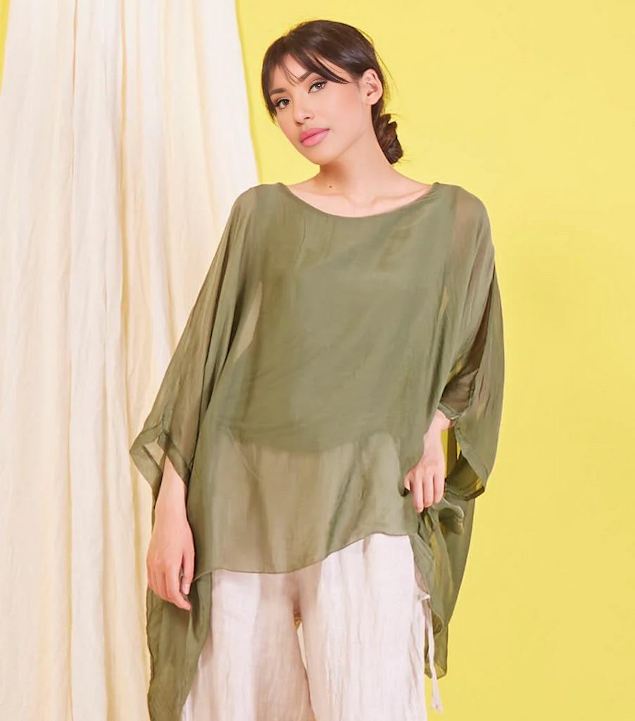 BZNA Seidenbluse Olive Grün Tunika Seidentunika Seidenchiffonbluse Fledermaus Ärmel oneSize