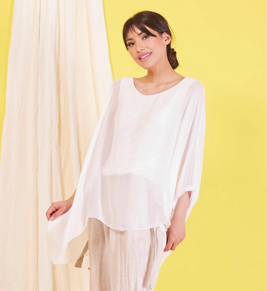 BZNA Seidenbluse Weiß White Tunika Seidentunika Seidenchiffonbluse Fledermaus Ärmel oneSize