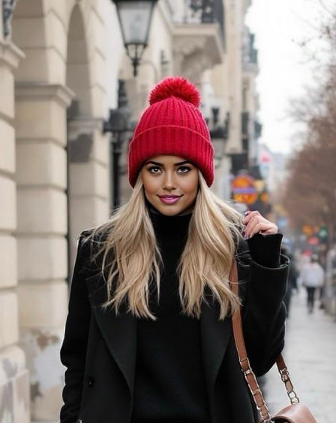 BZNA Cashmere Bommel Echtfell Strickmütze Wollmütze mit 10 % Kashmir - Mischung Rippstrickmütze - B Z N A