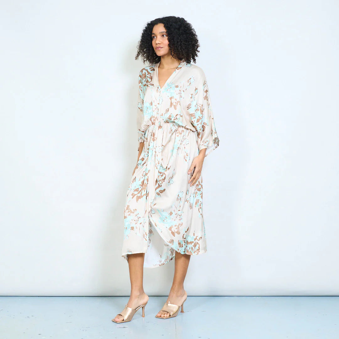 BZNA Sommer Maxikleid mit abstraktem Blumendruck und V-Ausschnitt oneSize - B Z N A