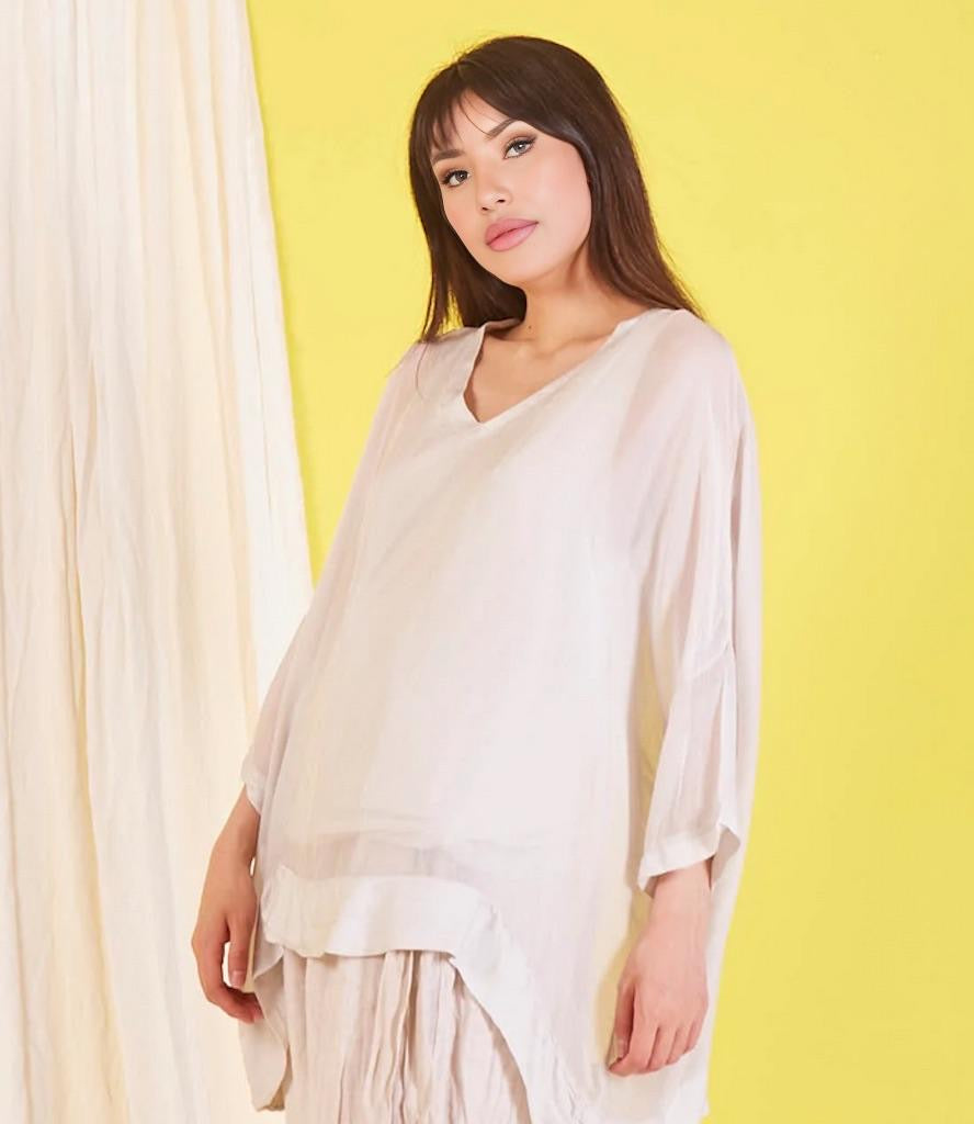 BZNA Seidenbluse Beige Tunika Seidentunika mit V -Ausschnitt Seidenchiffonbluse Fledermaus Ärmel oneSize