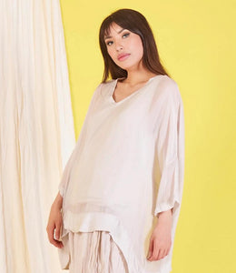 BZNA Seidenbluse Beige Tunika Seidentunika mit V -Ausschnitt Seidenchiffonbluse Fledermaus Ärmel oneSize