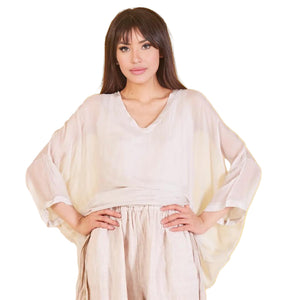 BZNA Seidenbluse Beige Tunika Seidentunika mit V -Ausschnitt Seidenchiffonbluse Fledermaus Ärmel oneSize
