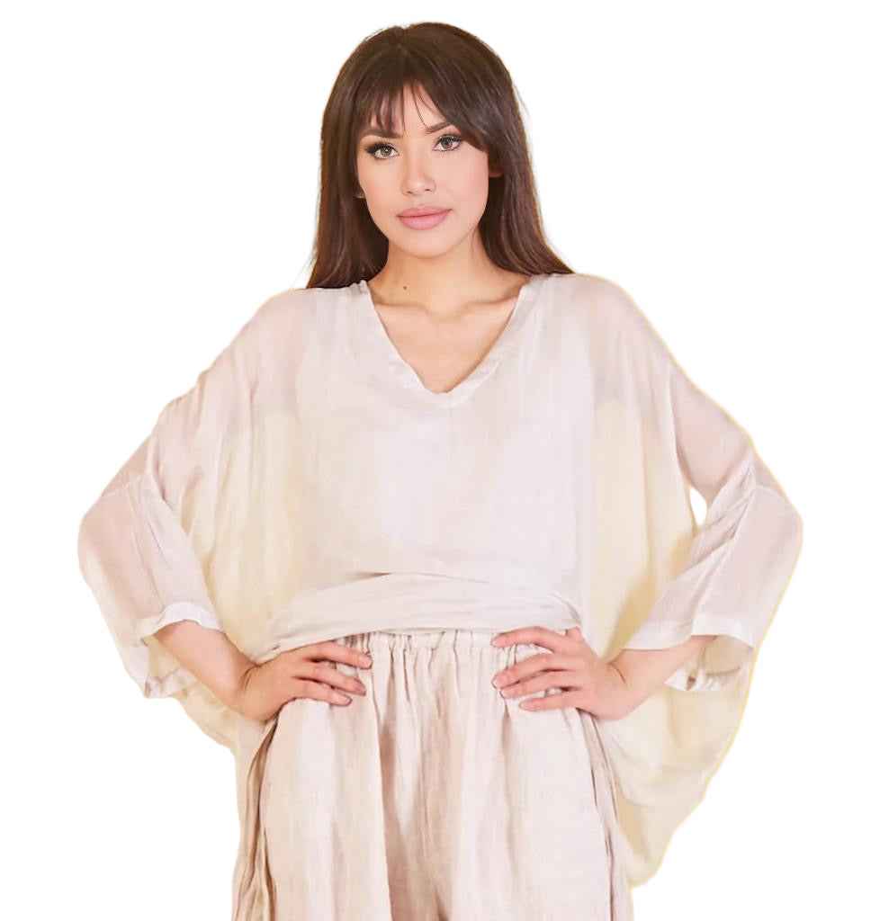 BZNA Seidenbluse Beige Tunika Seidentunika mit V -Ausschnitt Seidenchiffonbluse Fledermaus Ärmel oneSize