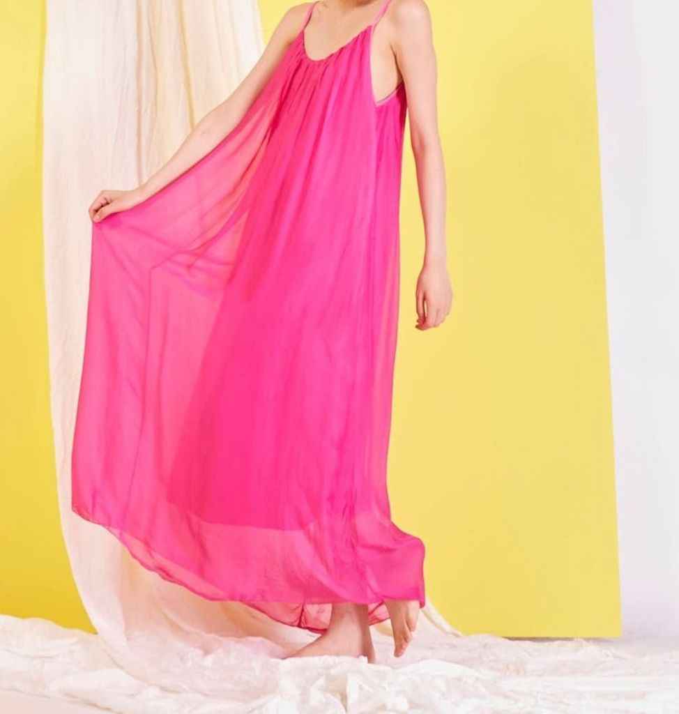 BZNA Ibiza Boho Style Sommerkleid Fuxia aus Seidenchiffon Seidenkleid   oneSize