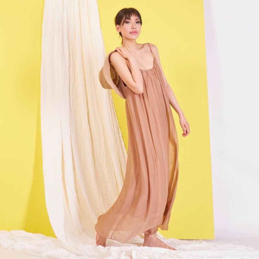 BZNA Ibiza Boho Style Sommerkleid Camel aus Seidenchiffon Seidenkleid   oneSize