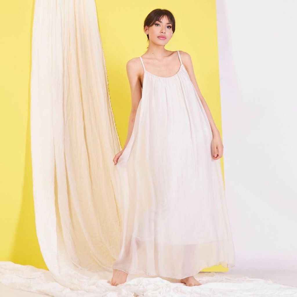 BZNA Ibiza Boho Style Sommerkleid light Beige aus Seidenchiffon Seidenkleid   oneSize