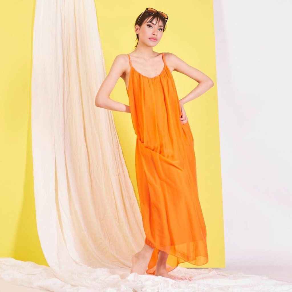 BZNA Ibiza Boho Style Sommerkleid Orange aus Seidenchiffon Seidenkleid   oneSize
