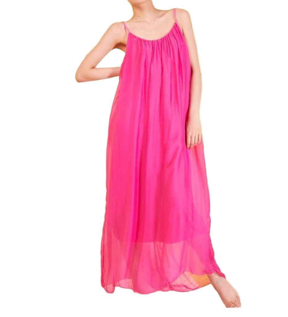 BZNA Ibiza Boho Style Sommerkleid Fuxia aus Seidenchiffon Seidenkleid   oneSize