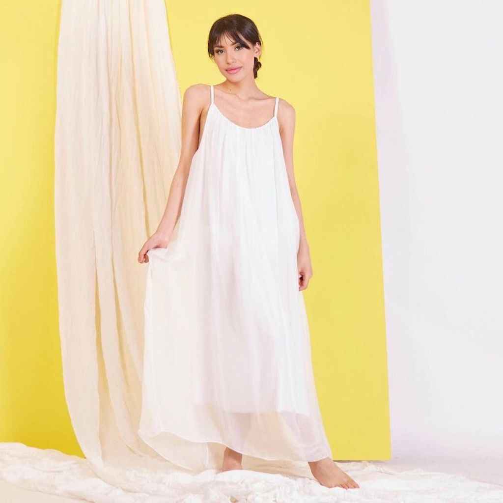 BZNA Ibiza Boho Style Sommerkleid Weiß aus Seidenchiffon Seidenkleid   oneSize