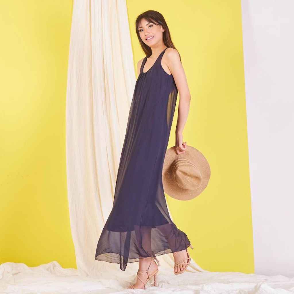 BZNA elegantes ärmeloses Kleid dark Blue aus Seidenchiffon Seidenkleid   oneSize