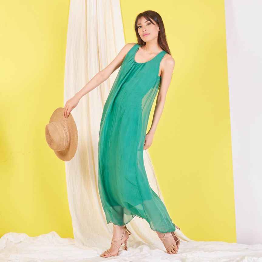 BZNA elegantes ärmeloses Kleid Grün B. aus Seidenchiffon Seidenkleid   oneSize
