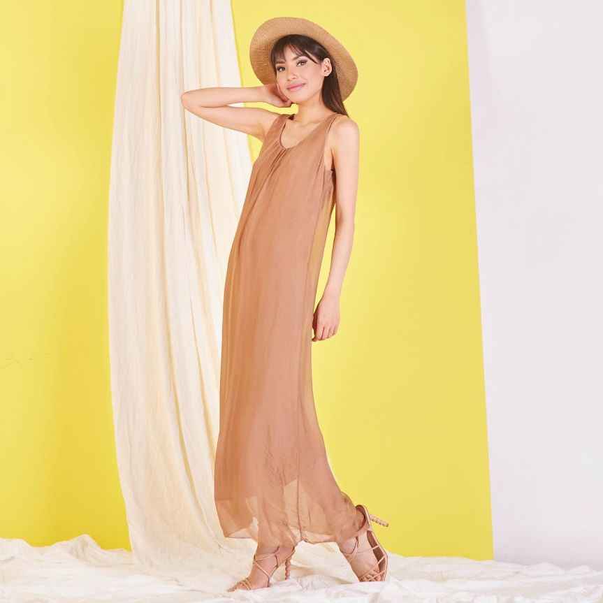 BZNA elegantes ärmeloses Kleid Camel aus Seidenchiffon Seidenkleid   oneSize