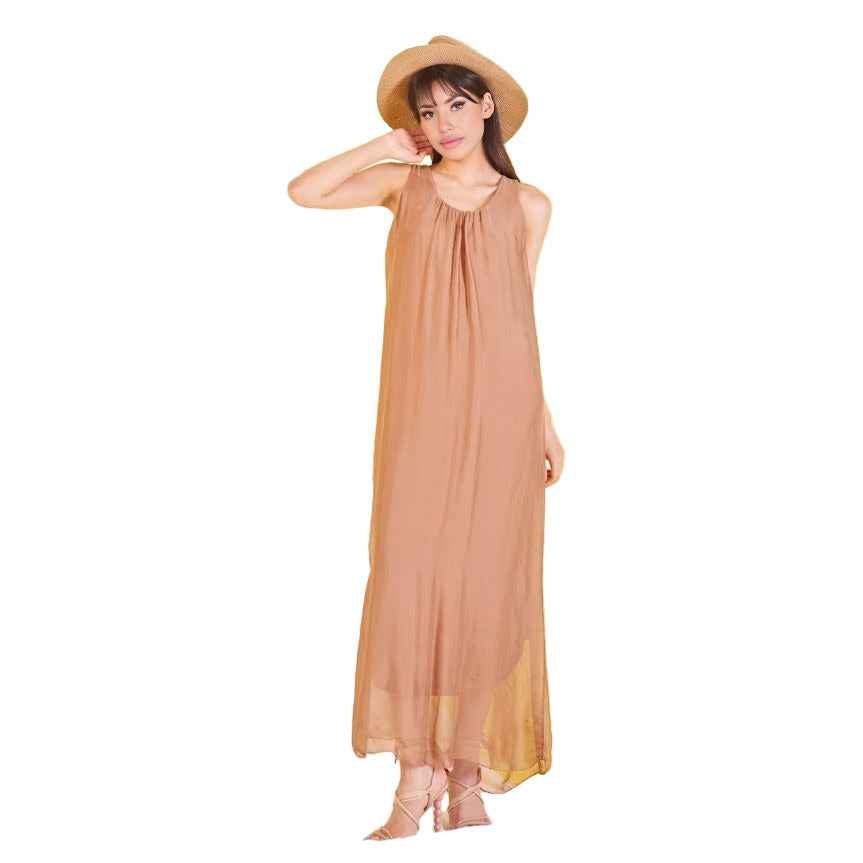 BZNA elegantes ärmeloses Kleid Camel aus Seidenchiffon Seidenkleid   oneSize