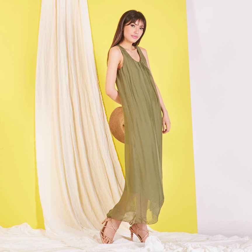 BZNA elegantes ärmeloses Kleid Olive aus Seidenchiffon Seidenkleid   oneSize