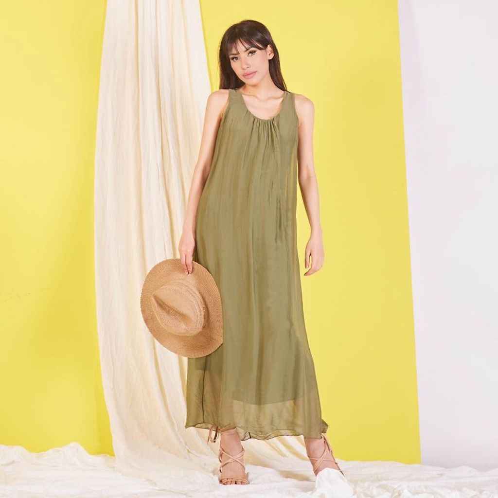 BZNA elegantes ärmeloses Kleid Olive aus Seidenchiffon Seidenkleid   oneSize