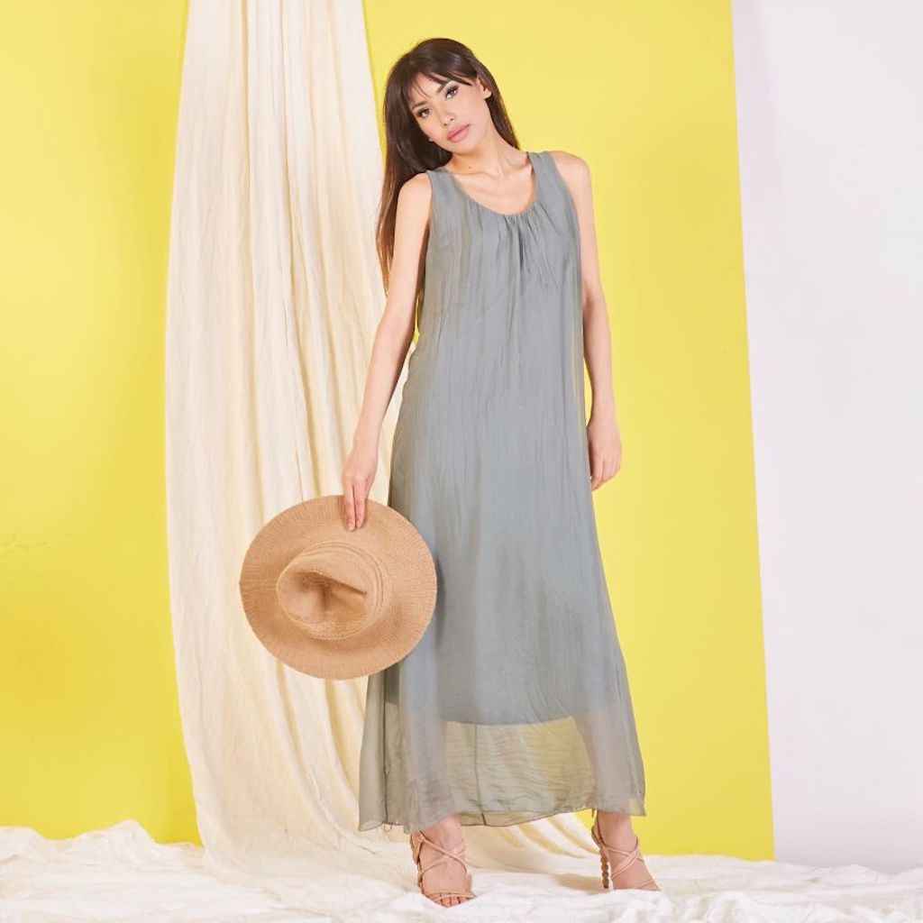 BZNA elegantes ärmeloses Kleid dark Olive aus Seidenchiffon Seidenkleid   oneSize