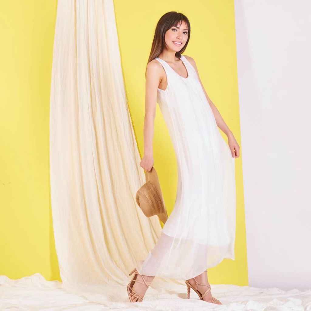 BZNA elegantes ärmeloses Kleid Weiß aus Seidenchiffon Seidenkleid   oneSize