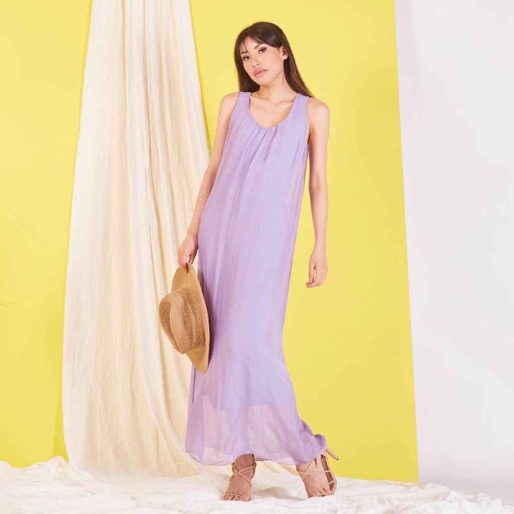 BZNA elegantes ärmeloses Kleid Flieder aus Seidenchiffon Seidenkleid   oneSize