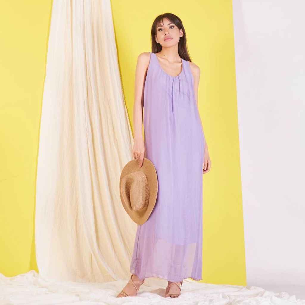 BZNA elegantes ärmeloses Kleid Flieder aus Seidenchiffon Seidenkleid   oneSize