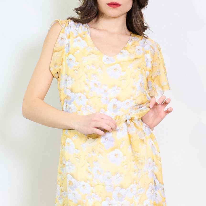 BZNA Blumendruck V-Ausschnitt Midi Kleid Gelb aus Seidenchiffon Seidenkleid   oneSize