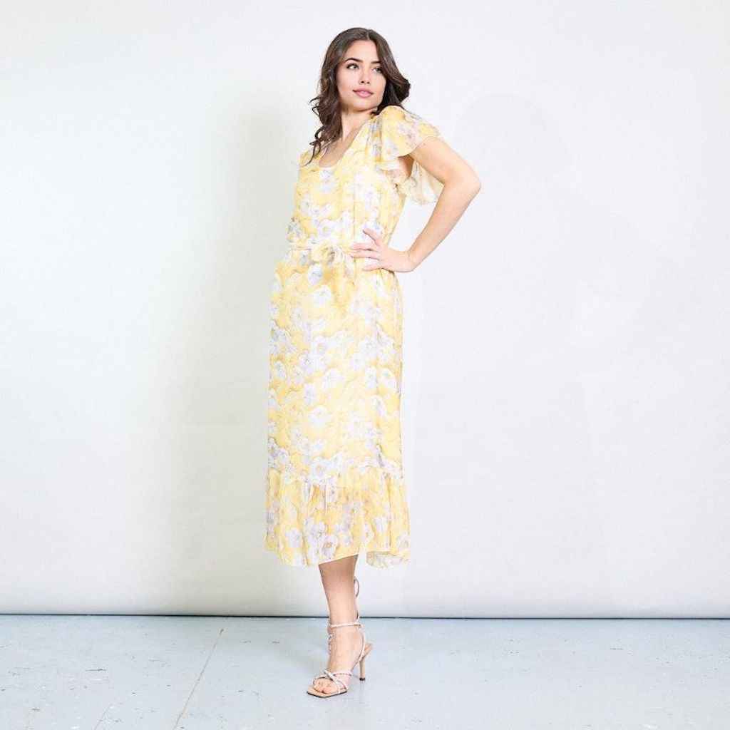 BZNA Blumendruck V-Ausschnitt Midi Kleid Gelb aus Seidenchiffon Seidenkleid   oneSize