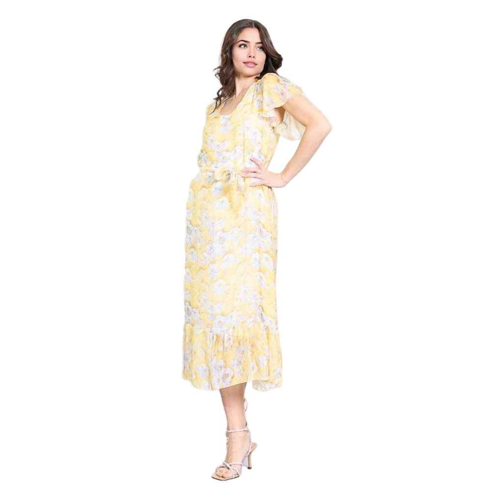 BZNA Blumendruck V-Ausschnitt Midi Kleid Gelb aus Seidenchiffon Seidenkleid   oneSize