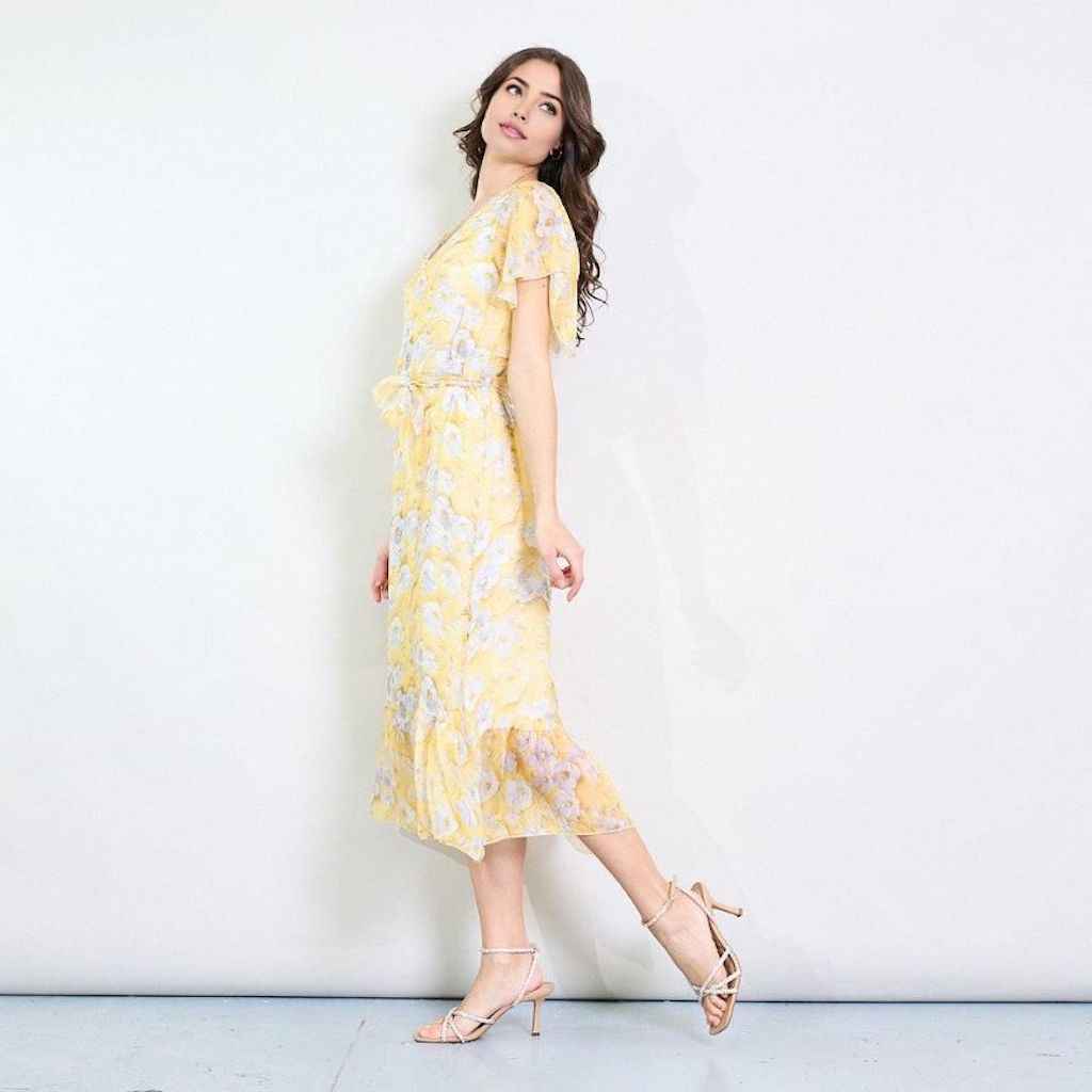BZNA Blumendruck V-Ausschnitt Midi Kleid Gelb aus Seidenchiffon Seidenkleid   oneSize