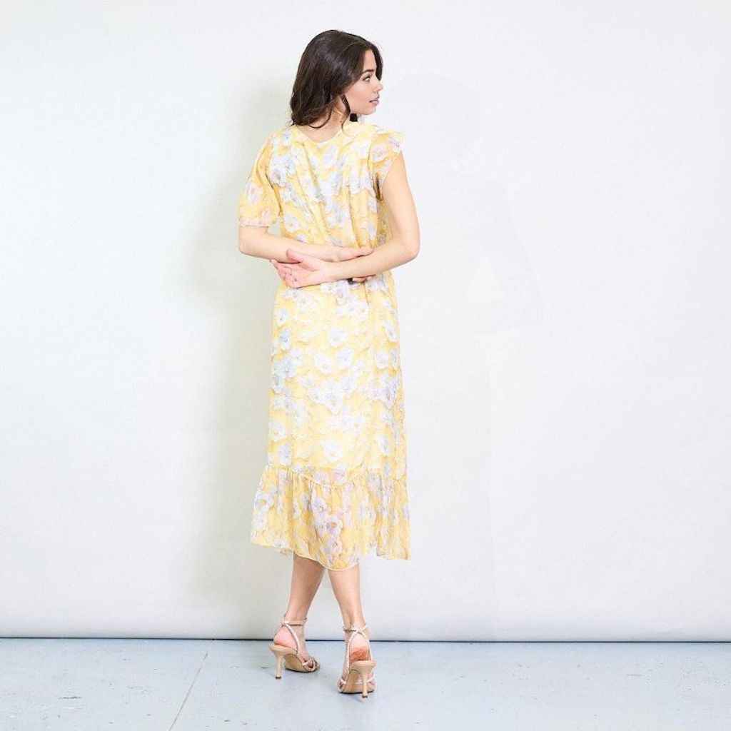 BZNA Blumendruck V-Ausschnitt Midi Kleid Gelb aus Seidenchiffon Seidenkleid   oneSize