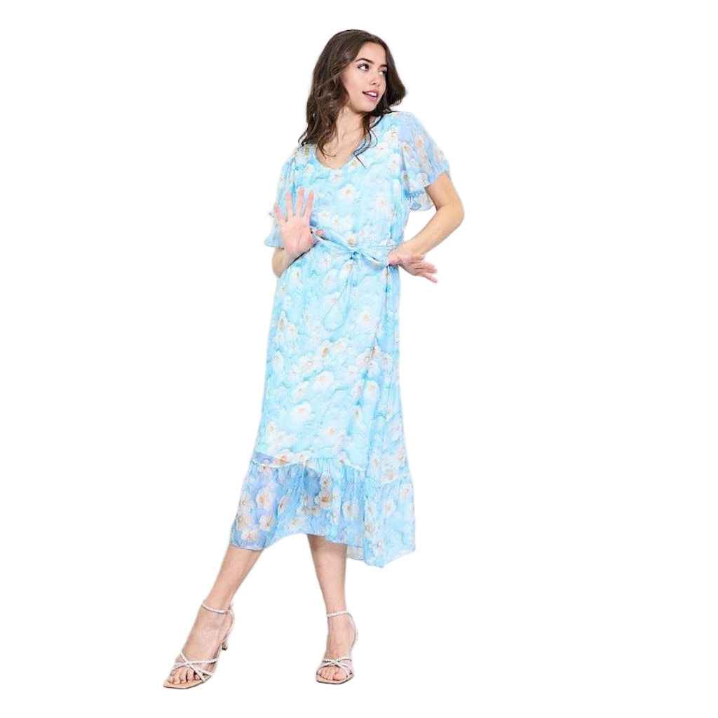 BZNA Blumendruck V-Ausschnitt Midi Kleid Lichtblau aus Seidenchiffon Seidenkleid  oneSize