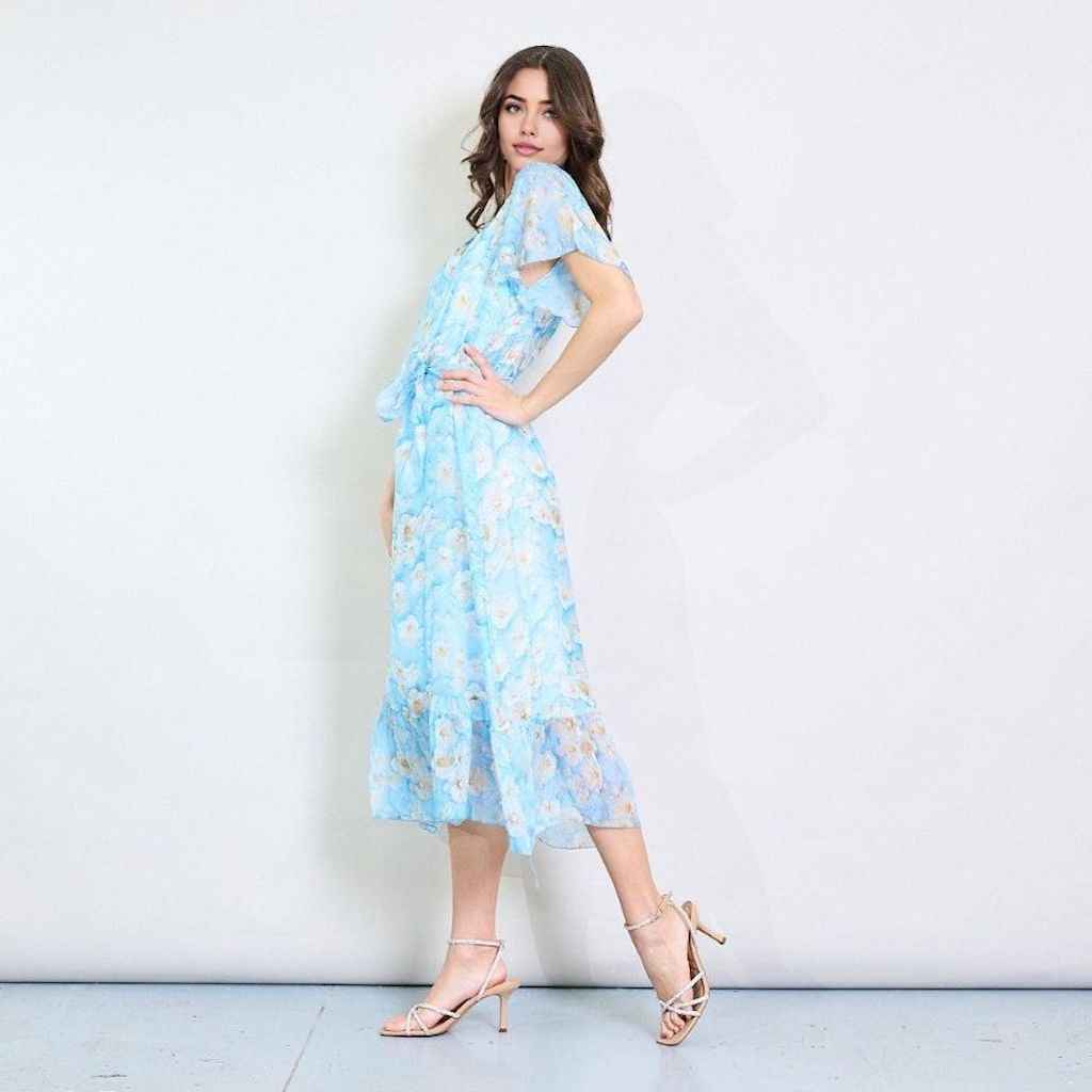 BZNA Blumendruck V-Ausschnitt Midi Kleid Lichtblau aus Seidenchiffon Seidenkleid  oneSize