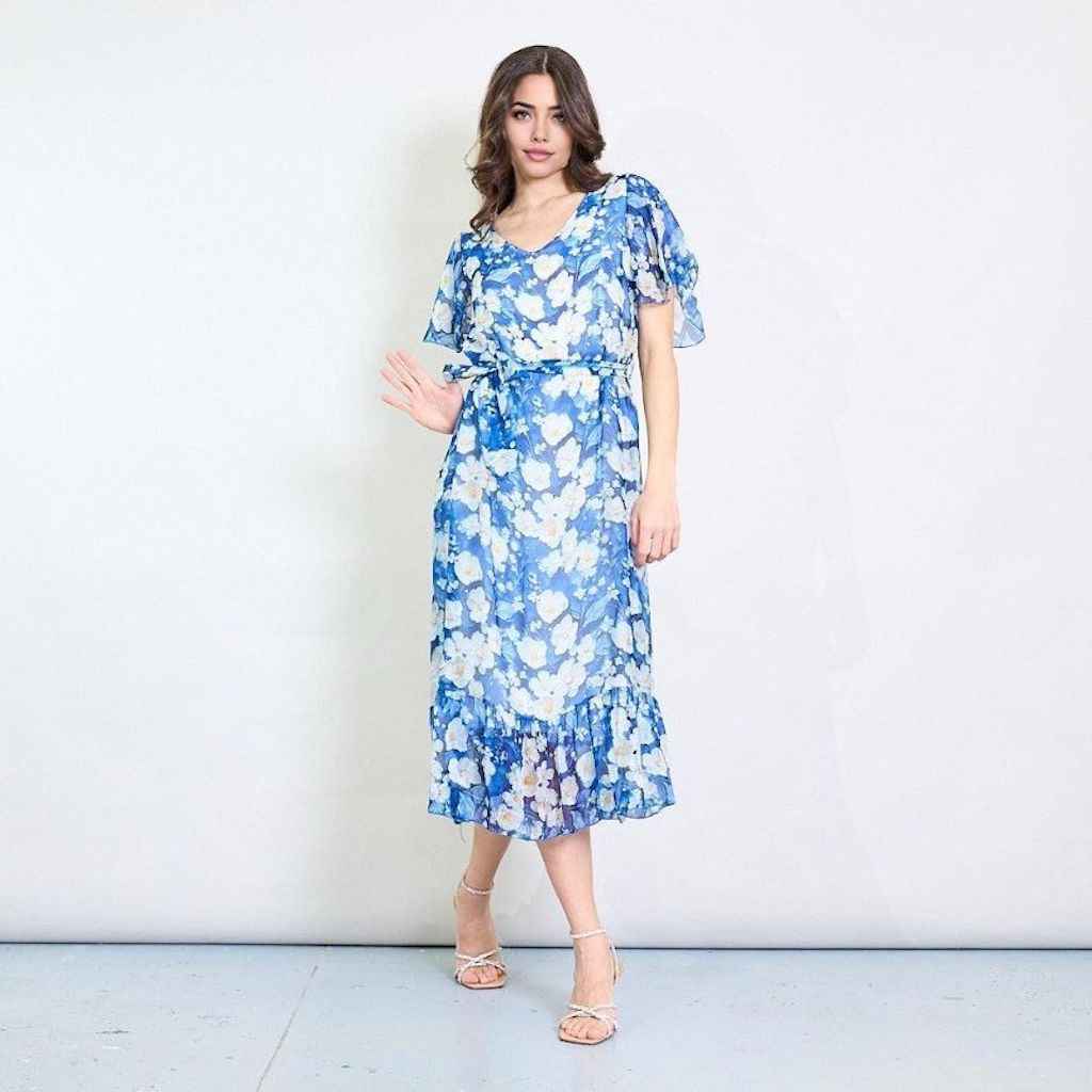 BZNA Blumendruck V-Ausschnitt Midi Kleid Blau aus Seidenchiffon Seidenkleid   oneSize