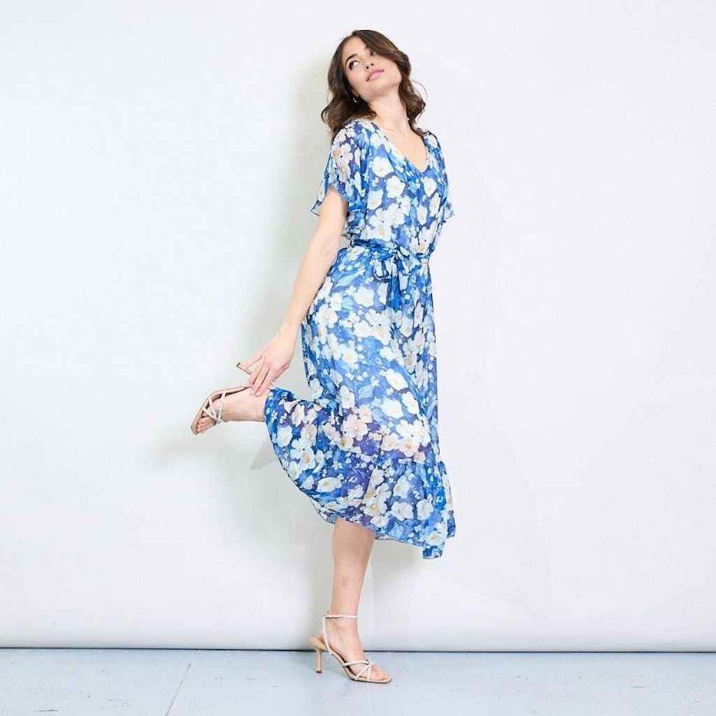 BZNA Blumendruck V-Ausschnitt Midi Kleid Blau aus Seidenchiffon Seidenkleid   oneSize