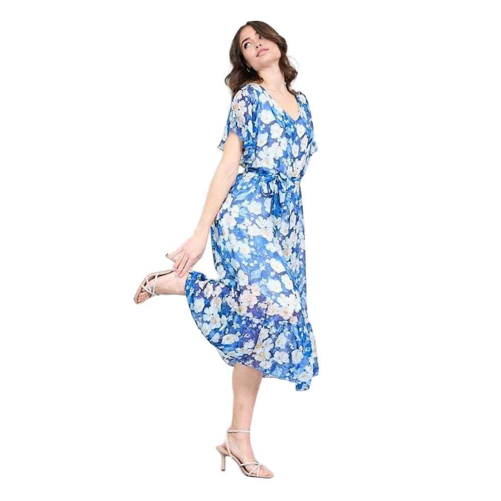 BZNA Blumendruck V-Ausschnitt Midi Kleid Blau aus Seidenchiffon Seidenkleid   oneSize