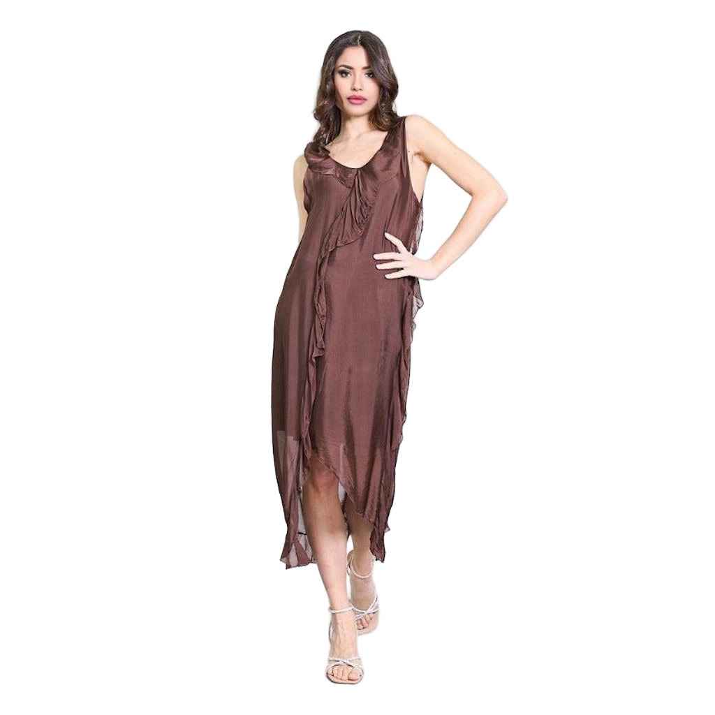 BZNA Ibiza Kleid asymmetrisch Rüschendetail Coffee aus Seidenchiffon Seidenkleid oneSize