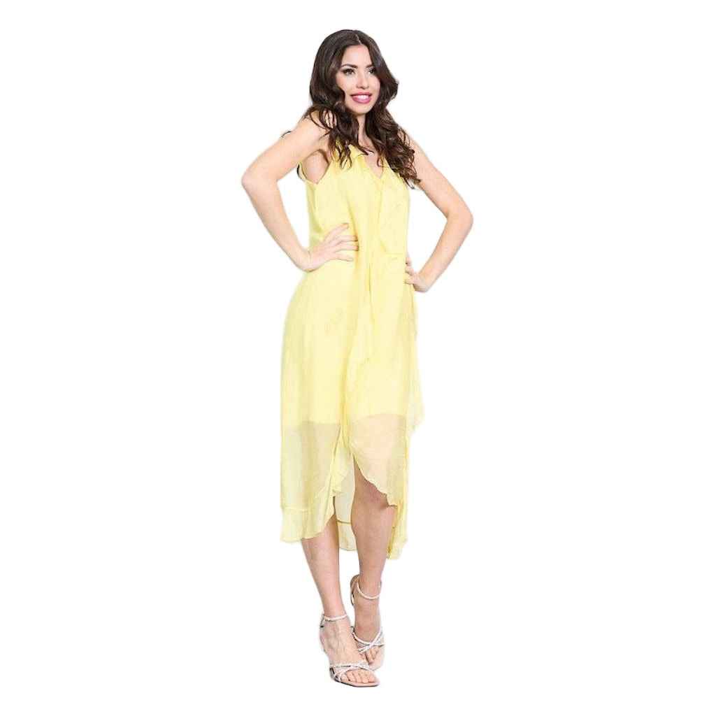 BZNA Ibiza Kleid asymmetrisch Rüschendetail Gelb aus Seidenchiffon Seidenkleid oneSize